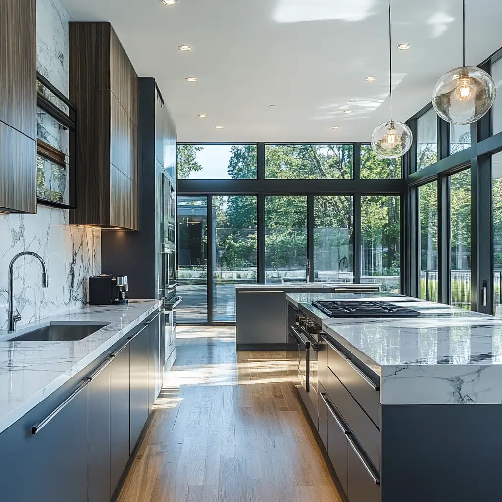 Modern kitchen featuring a central island, marble countertops, stainless steel appliances, and natural light.